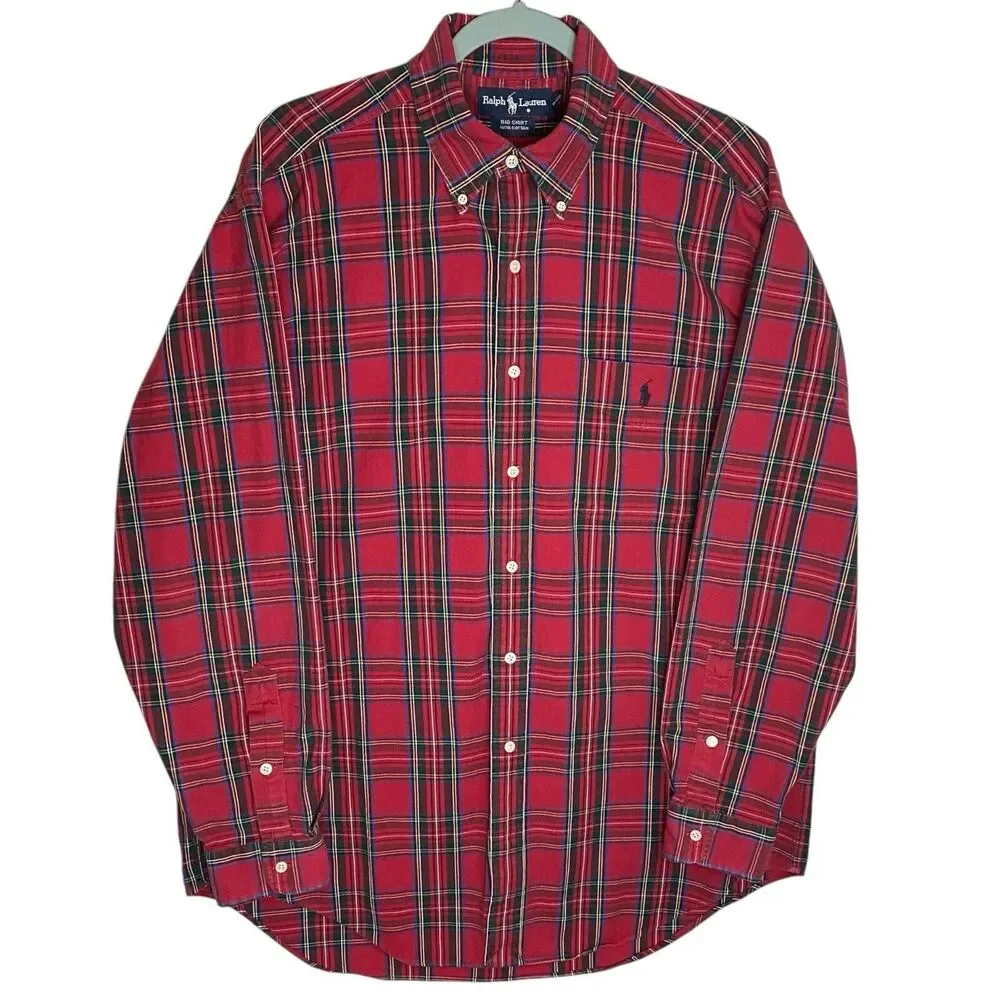 Vtg Polo Ralph Lauren Big Shirt Mens L Red Button Down Plaid Pony Preppy LS 90s